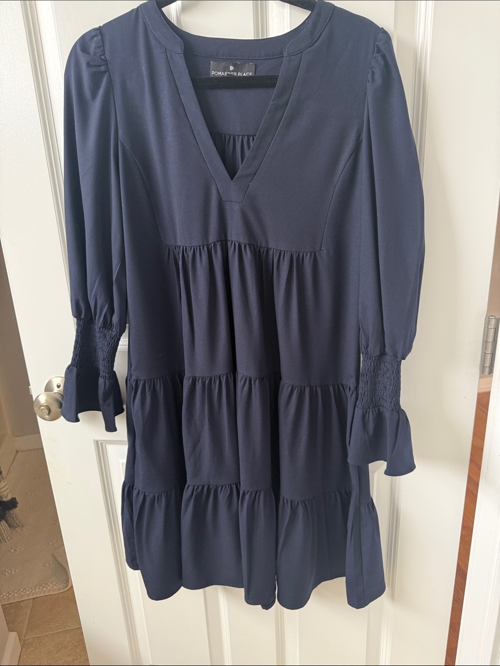 Pomander Place Navy Tiered V-Neck Smocked Sleeve Dress